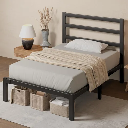 Miniatura 8 de E-Motie - Base de cama de tamaño individual, marco de cama de plataforma metálica con cabecero y estribo, espacio de almacenamiento debajo