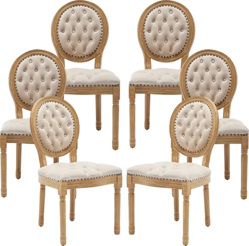 Miniatura 25 de Juego de 2 sillas de comedor de campo francés, sillas de comedor de madera de granja beige, silla de comedor con respaldo tejido con cojín tapizado