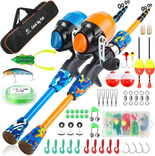 Miniatura 10 de Juego de caña de pescar para niños, caña de pescar telescópica portátil y carrete combo completo para niños, niñas, principiantes, jóvenes
