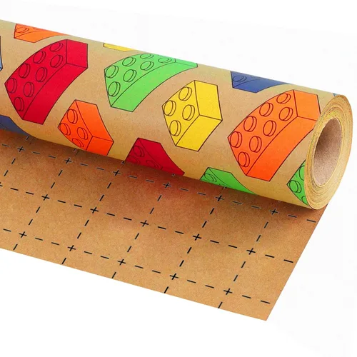 Miniatura 7 de BIOBROWN Papel de Regalo de Bloques de Construcción Reversibles para Niños y Niñas - 17 Pulgadas X 33 Pies - Papel de Regalo con Diseño de Ladrillos