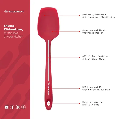 Miniatura 3 de KITCHENLOVE Juego de 5 espátulas de silicona resistentes al calor de alta calidad de 600 °F para hornear, cocinar, mezclar, antiadherentes con Rojo