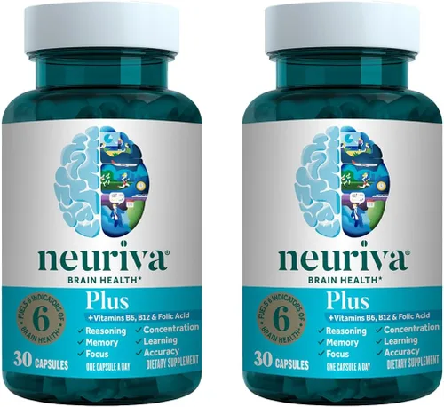 NEURIVA Suplemento cerebral Plus para memoria, enfoque y concentración + función cognitiva con nootrópicos clínicamente probados fosfatidilserina y