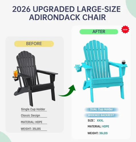Miniatura 9 de Plawdlik Silla Adirondack plegable de gran tamaño mejorada 2026, silla para hoguera resistente de 380 libras con respaldo extra alto de 37.8