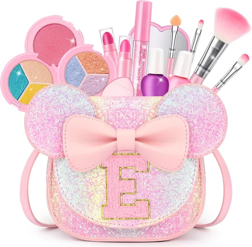 Miniatura 18 de Kit de maquillaje para niñas – Juego de maquillaje lavable real de 15 piezas – Cosmético no tóxico para niños pequeños con bolso de letras – Regalos