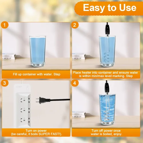 Miniatura 7 de Calentador de agua de inmersión de 1000W-110V, calentador de agua eléctrico de 10 pulgadas, elemento de inmersión sumergible portátil, elemento