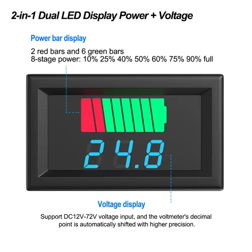 Miniatura 2 de Medidor de batería de CC, indicador de voltaje de capacidad de batería 2 en 1, 12 V, 24 V, 36 V, 48 V, 60 V, probador de batería digital LED