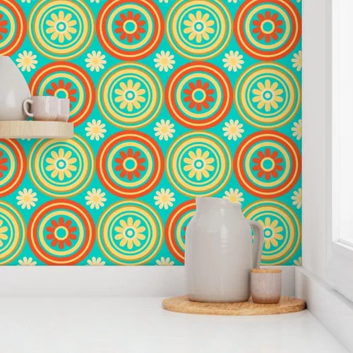 Miniatura 8 de Muestras de papel tapiz para despegar y pegar, círculos de azulejos florales retro de mediados de siglo, moderno, turquesa, naranja, amarillo