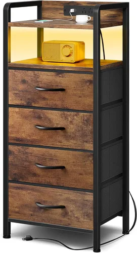 Miniatura 18 de Lazzanto Mesita de noche para dormitorio, mesita de noche con estación de carga y tira de luz LED, mesita de noche con estante de almacenamiento y 2