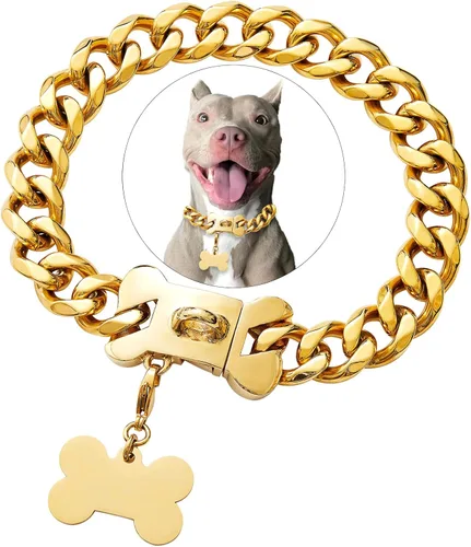 Miniatura 9 de Collar de Perro de Acero Inoxidable con Eslabones Cubanos Plateados de Servicio Pesado para Perros Pequeños, Medianos y Grandes, Collar de Perro