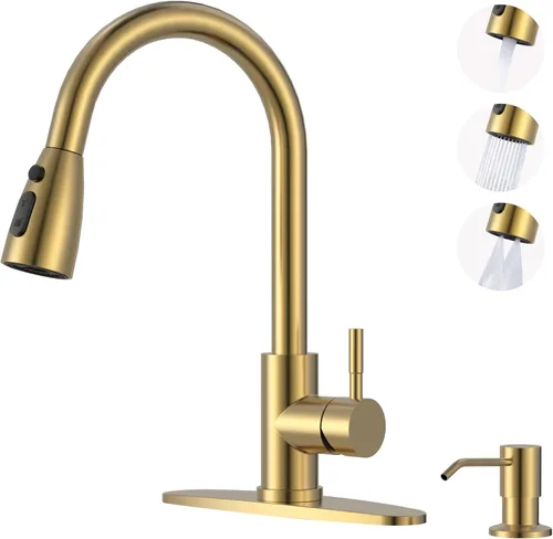 Miniatura 32 de WOWOW - Grifo de cocina cromado con rociador, grifo de fregadero de cocina extraíble de acero inoxidable con placa de cubierta, grifo de cocina