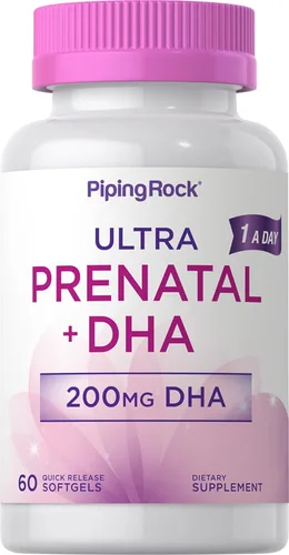 Piping Rock Vitaminas prenatales para mujeres con DHA | 60 cápsulas blandas | Multivitamínico con hierro, ácido fólico, Omega 3 | Suplemento ultra