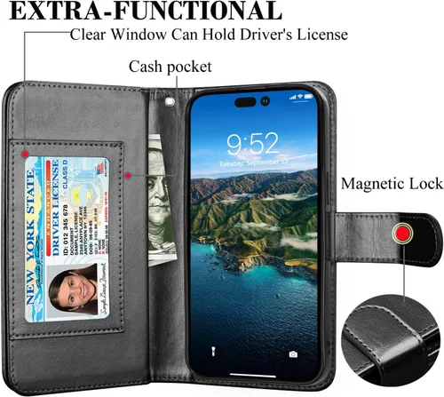 Miniatura 3 de Funda tipo cartera para iPhone 15 Pro, funda para iPhone 15 Pro, funda de piel sintética con soporte para tarjetas de crédito
