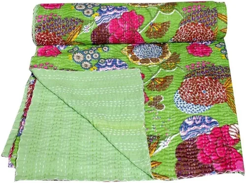 Miniatura 36 de Sophia-Art Colcha reversible de frutas indias para cama individual/king con patrón Gudri de algodón puro estilo Kantha, colcha decorativa con Rosa