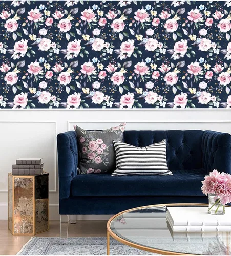 Miniatura 3 de Blooming Wall DPY53-D Papel pintado de rosas frescas de acuarela con hojas boho texturizadas despegar y pegar autoadhesivo papel pintado pre-pegado