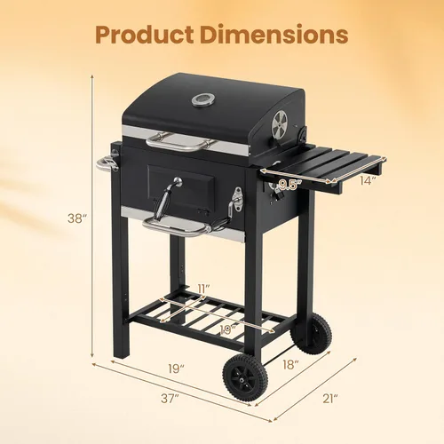 Miniatura 8 de Giantex Parrilla de carbón con estante lateral plegable, parrilla de barbacoa al aire libre con bandeja de carbón ajustable, termómetro, estantes