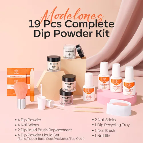 Miniatura 5 de Modelones - Kit de polvo de inmersión para uñas, 4 colores, nude, rosado, con purpurina, set de iniciación con líquido y accesorios completos