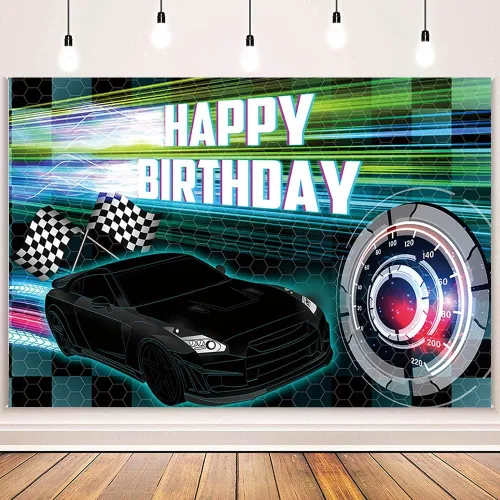 Miniatura 2 de MEHOFOND Telón de fondo negro de 7 x 5 pies, decoración de fiesta de carreras para niños, cartel de fiesta de cumpleaños con temática de auto