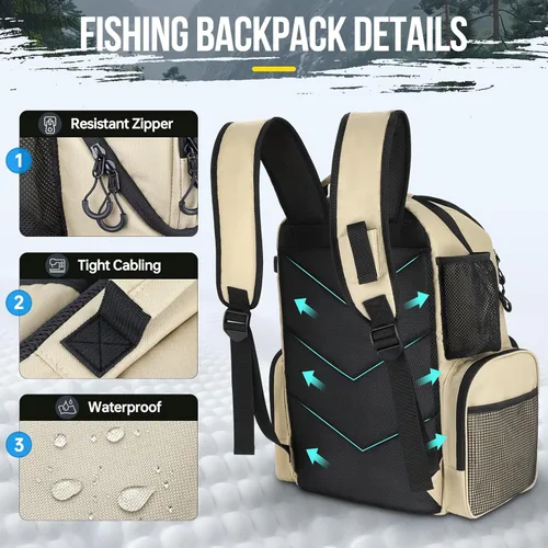 Miniatura 5 de PLUSINNO - Mochila de pesca con portacañas y enfriador de 45L, mochila grande resistente al agua para aparejos de pesca, ideal para guardar