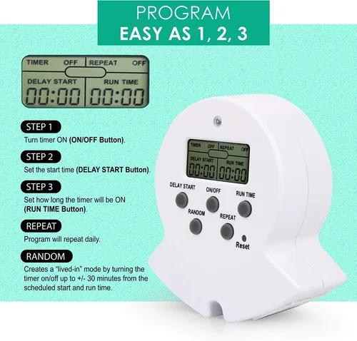 Miniatura 2 de Clear Power Temporizador de interior, temporizador digital EZ de 2 salidas a tierra para abrazadera, luz de crecimiento, acuario, blanco, enchufe a