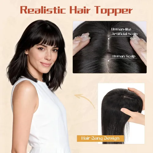 Miniatura 4 de Rich Choices Toppers de cabello humano para mujer, 100% real Remy con flequillo 3D de 360°, densidad del 150% mejorada, 3.5 x 4.7 in, base de encaje