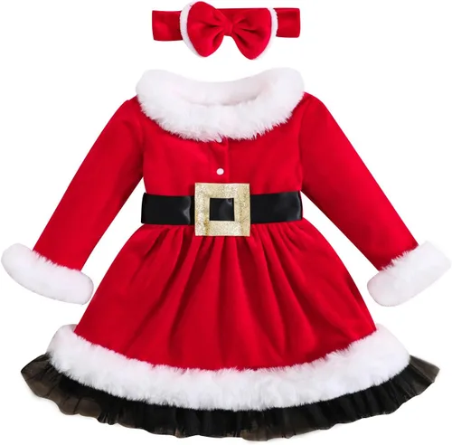 Vestido de Navidad para niña pequeña, ropa de manga larga, color rojo, Papá Noel, princesa, fiesta, cosplay, vestidos para la cabeza