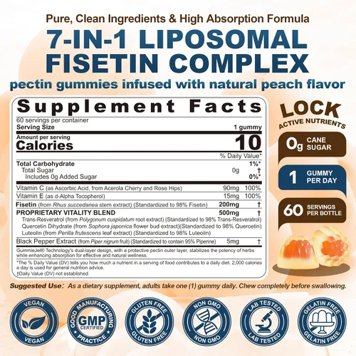 Miniatura 2 de Fisetina liposomal de 200 mg y complejo de resveratrol 500 mg - Longevidad y apoyo a la renovación celular - 98% Fisetina de alta pureza