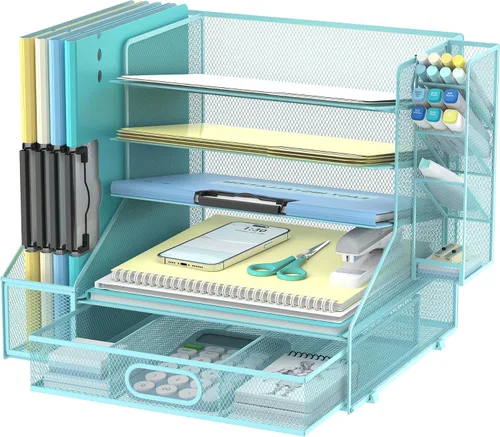 Miniatura 11 de DALTACK Organizador de Escritorio de Malla, Bandeja de Cartas de 5 Niveles con Portaarchivos y Portabolígrafos y Cajón Deslizante, Organizador