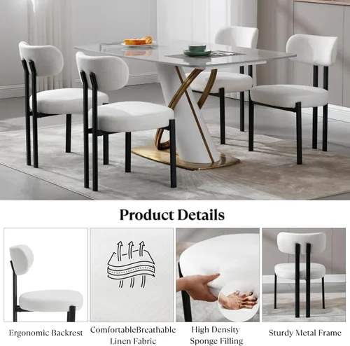 Miniatura 4 de Ya-Home Juego de 2 sillas de comedor modernas, sillas de comedor tapizadas de lino con respaldo curvado, patas de metal negro, sillas laterales