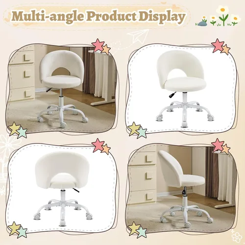 Miniatura 3 de VINGLI Silla de tocador pequeña con ruedas para niñas. Bonita silla de escritorio de oficina moderna de altura ajustable sin brazos. Silla giratoria
