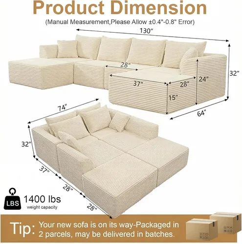 Miniatura 2 de Sofá seccional deshuesado de 130 pulgadas, moderno sofá modular con soporte, sala de estar, apartamentos, dormitorio, no requiere montaje, sofá
