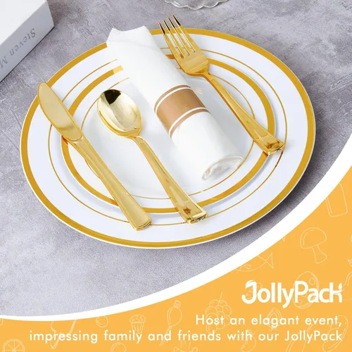 Miniatura 6 de JollyPack 100 platos desechables de plástico dorado para fiesta, incluyendo 50 platos llanos de 10 pulgadas y 50 7 pulgadas para postre, ideal