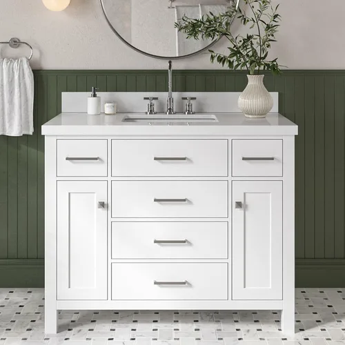 Miniatura 12 de DKB Isabella - Mueble de baño negro de 42 pulgadas con fregadero, lavabo rectangular, encimera de cuarzo blanco puro y protector contra salpicaduras