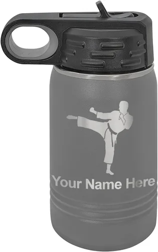 Miniatura 75 de Botella de agua personalizada LaserGram, Karate Man, de acero inoxidable con doble pared aislada al vacío con tapa abatible, regalo personalizado