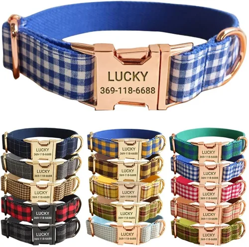 Miniatura 21 de PETDURO Collar de Perro a Cuadros Personalizado Verde Manzana - Nombre y Número de Teléfono Grabados en Hebilla de Metal Oro Rosa - Personalizado