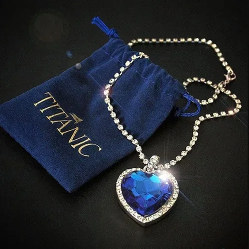Miniatura 3 de Titanic - Collar con colgante de corazón azul océano con corazón y bolsa de terciopelo azul azul rey Cristal