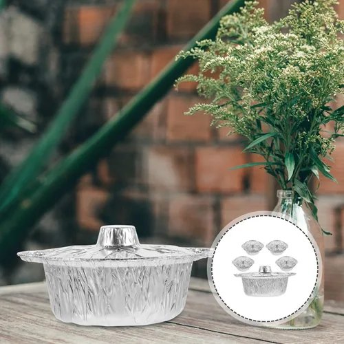 Miniatura 4 de 5 juegos de sartenes redondas de aluminio con tapa, 60.9 fl oz, bandeja de papel de aluminio para hornear, olla de camping, utensilios de cocina