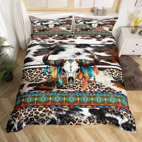 Miniatura 30 de Erosebridal Funda de edredón de piel de vaca marrón con estampado de vaca de las tierras altas, juego de ropa de cama occidental exótico azteca