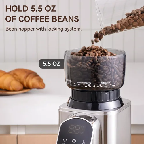 Miniatura 6 de Molinillo de café cónico eléctrico con temporizador electrónico, antiestático, molinillos de café para uso doméstico, molinillo de rebabas cónicas