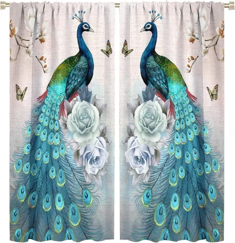 Miniatura 64 de Cortina opaca con estampado de pavo real, con estampado de animales retro, con bolsillo para cortinero y flores de peonía doradas, para dormitorio