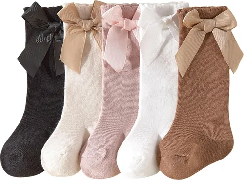 Miniatura 5 de QandSweet Calcetines altos hasta la rodilla para bebé, recién nacido, sin costuras, para niñas pequeñas, con lazo grande, de algodón