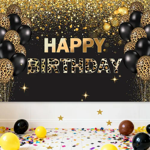 Miniatura 5 de Telón de fondo de feliz cumpleaños de 7 x 5 pies, lentejuelas doradas, globos de leopardo negro con purpurina, fondo para fotos, decoración