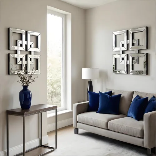Miniatura 3 de QMDECOR Espejo plateado para decoración de pared de 16 x 16 pulgadas, espejo decorativo moderno de moda para montar en pared, diseño cuadrado, Plata