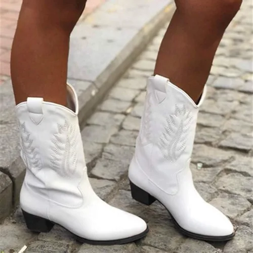 Miniatura 2 de Hbeylia Botas vaqueras occidentales para mujer, de cuero vintage, punta redonda, tacón medio, ancho, de media pantorrilla, botas vaqueras retro sin