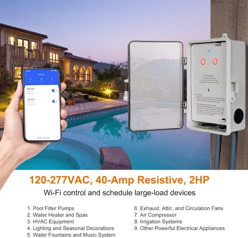 Miniatura 6 de Suraielec Temporizador de piscina WiFi dual, interruptores individuales de 120/277V, 40 amperios, temporizador inteligente resistente de 1HP/2HP