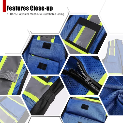 Miniatura 3 de Chaleco de seguridad para mujer, chaleco de alta visibilidad con 8 bolsillos y cremallera frontal, chaleco reflectante de malla que cumple