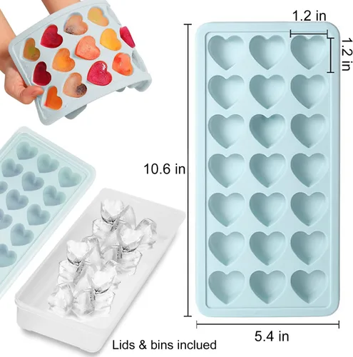 Miniatura 2 de Paquete de 2 bandejas para cubitos de hielo en forma de corazón con tapas, moldes de silicona para cubitos de hielo en forma de corazón con 42