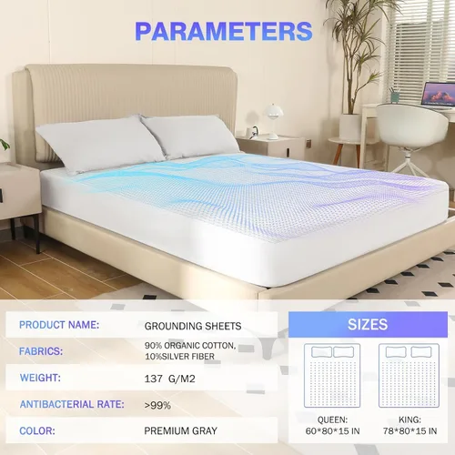 Miniatura 8 de Grounding Sheets - Juego de sábanas bajeras de cama tamaño individual XL, 10% fibra de plata pura + 90% algodón orgánico, kit de conexión a tierra