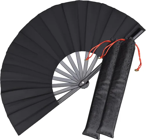 Paquete de 2 ventiladores de mano plegables grandes, ventilador chino negro de Kung Fu Tai Chi, abanicos de tela de nailon para hombres y mujeres,