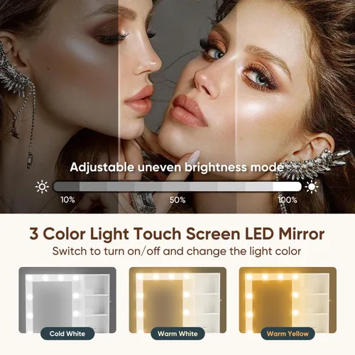 Miniatura 6 de Escritorio de tocador blanco con espejo iluminado por LED, escritorio de maquillaje con espejo iluminado con 4 cajones de almacenamiento y toma