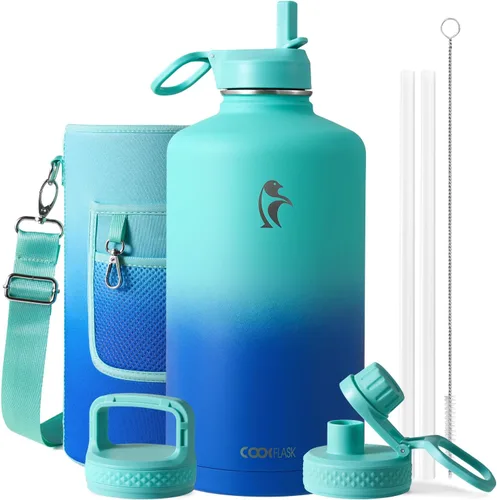 Miniatura 58 de Coolflask Botella de agua de 20 onzas aislada con pajilla, 3 tapas de metal de acero inoxidable, botella de agua de boca ancha para deportes u
